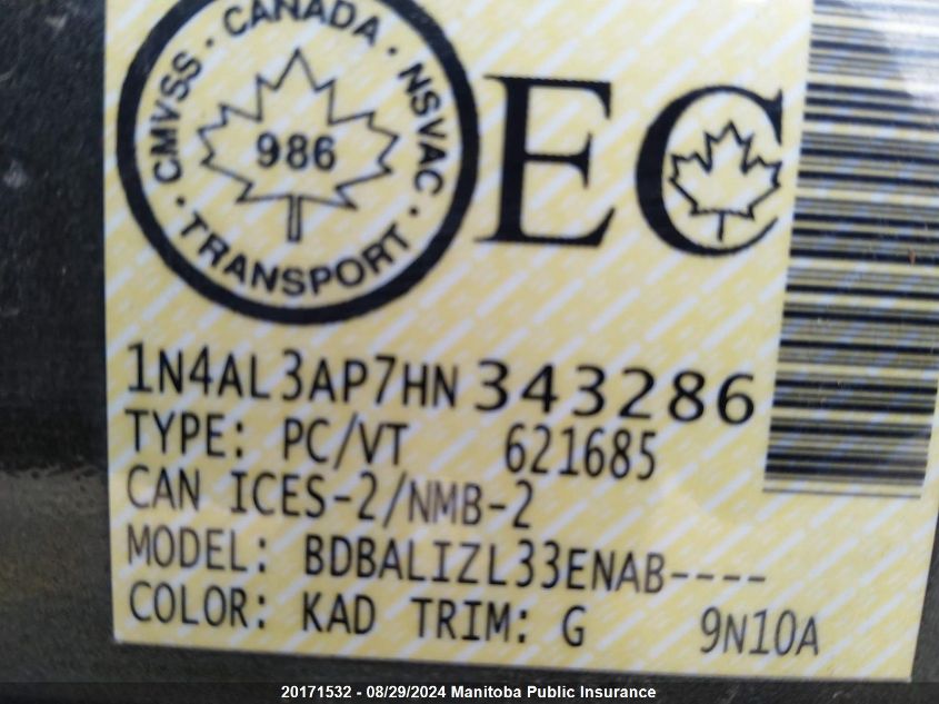 2017 Nissan Altima 2.5 Sv VIN: 1N4AL3AP7HN343286 Lot: 20171532