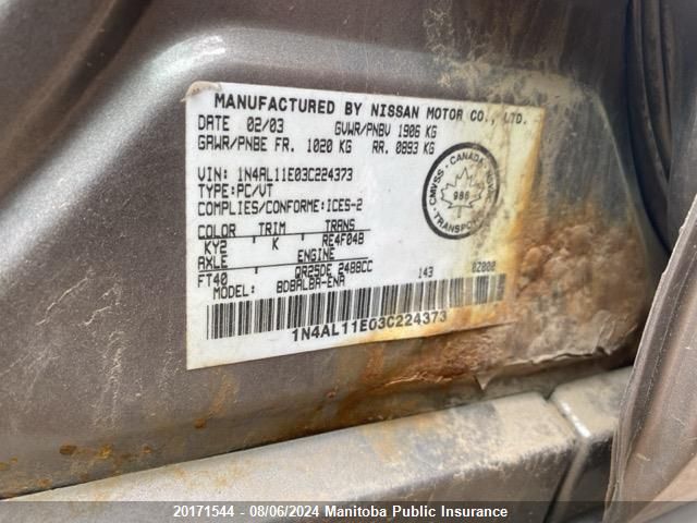 2003 Nissan Altima 2.5 S VIN: 1N4AL11E03C224373 Lot: 20171544