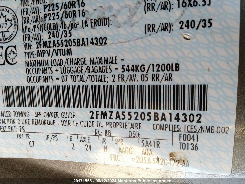 2005 Ford Freestar VIN: 2FMZA55205BA14302 Lot: 20171555