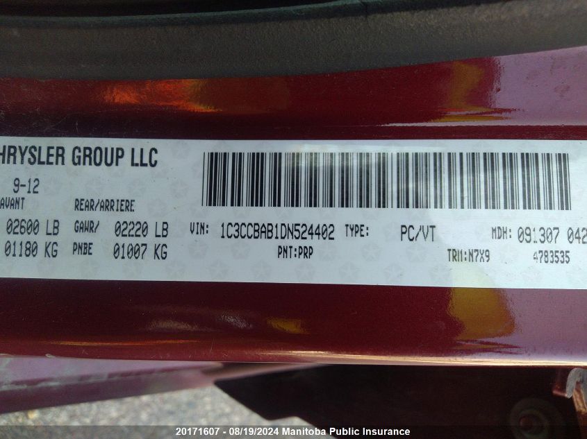 2013 Chrysler 200 Lx VIN: 1C3CCBAB1DN524402 Lot: 20171607