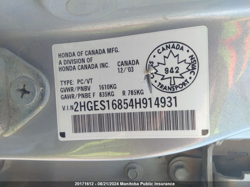 2004 Honda Civic Si VIN: 2HGES16854H914931 Lot: 20171612