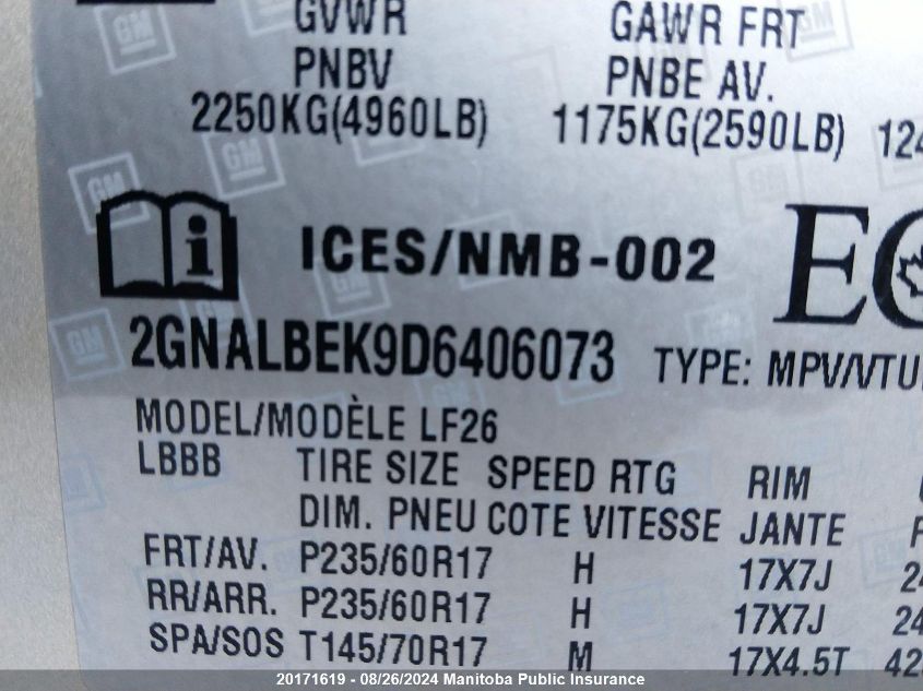 2013 Chevrolet Equinox Ls VIN: 2GNALBEK9D6406073 Lot: 20171619