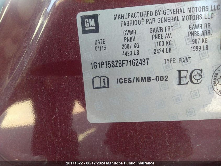 2015 Chevrolet Cruze VIN: 1G1P75SZ8F7162437 Lot: 20171622