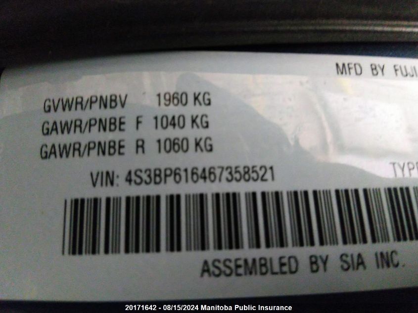 2006 Subaru Legacy 2.5I VIN: 4S3BP616467358521 Lot: 20171642