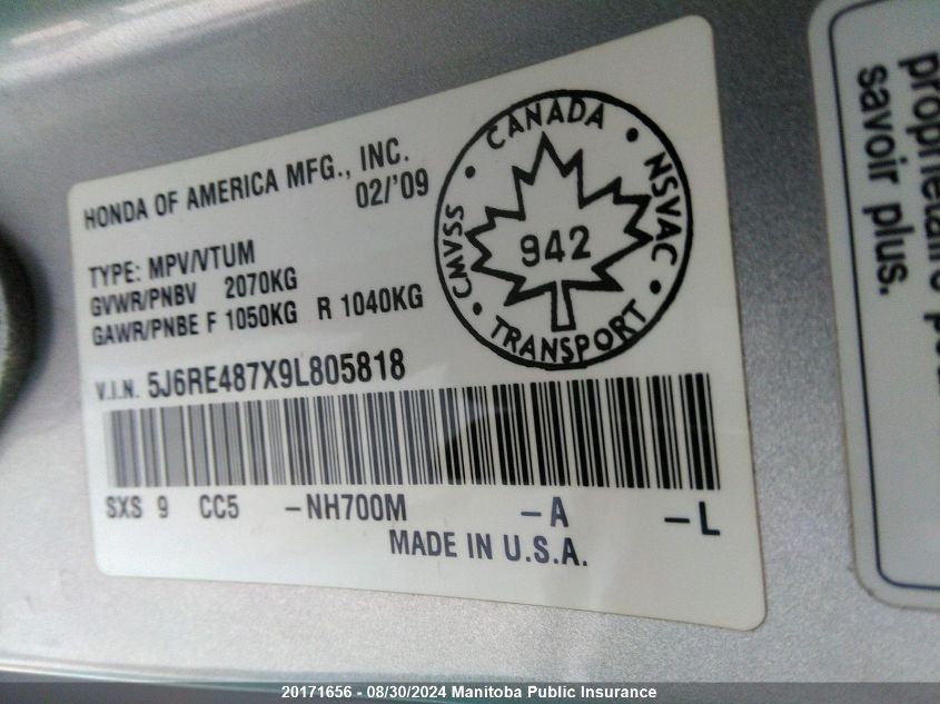 2009 Honda Cr-V Ex-L VIN: 5J6RE487X9L805818 Lot: 20171656