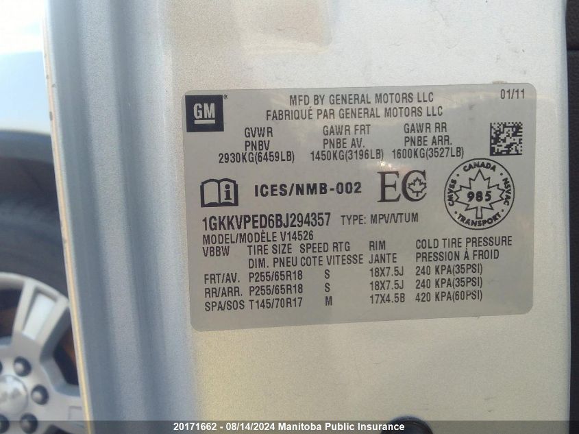 2011 GMC Acadia Sle VIN: 1GKKVPED6BJ294357 Lot: 20171662