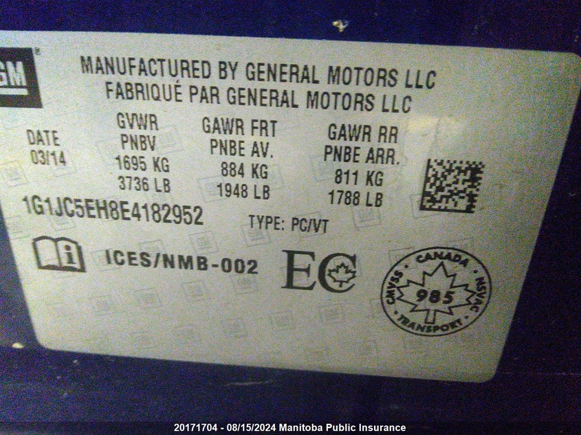 2014 Chevrolet Sonic Lt VIN: 1G1JC5EH8E4182952 Lot: 20171704