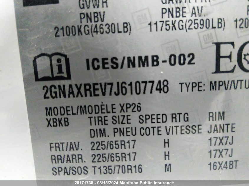 2018 Chevrolet Equinox Ls VIN: 2GNAXREV7J6107748 Lot: 20171738