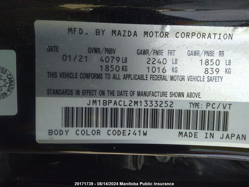 2021 Mazda Mazda3 Gs VIN: JM1BPACL2M1333252 Lot: 20171739