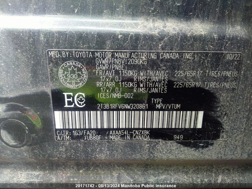 2022 Toyota Rav4 Le VIN: 2T3B1RFV6NW320861 Lot: 20171742