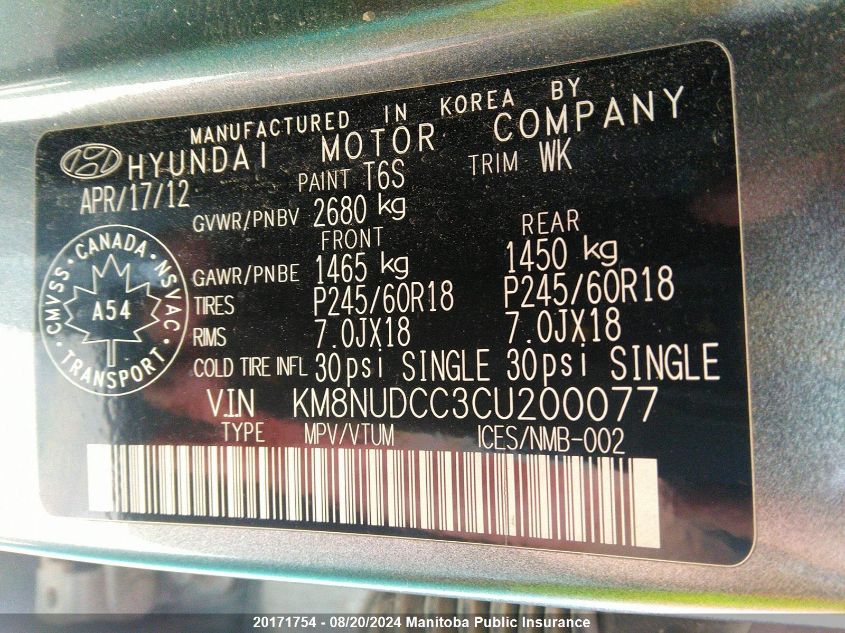 2012 Hyundai Veracruz Limited V6 VIN: KM8NUDCC3CU200077 Lot: 20171754