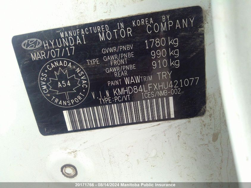 2017 Hyundai Elantra Gl VIN: KMHD84LFXHU421077 Lot: 20171766