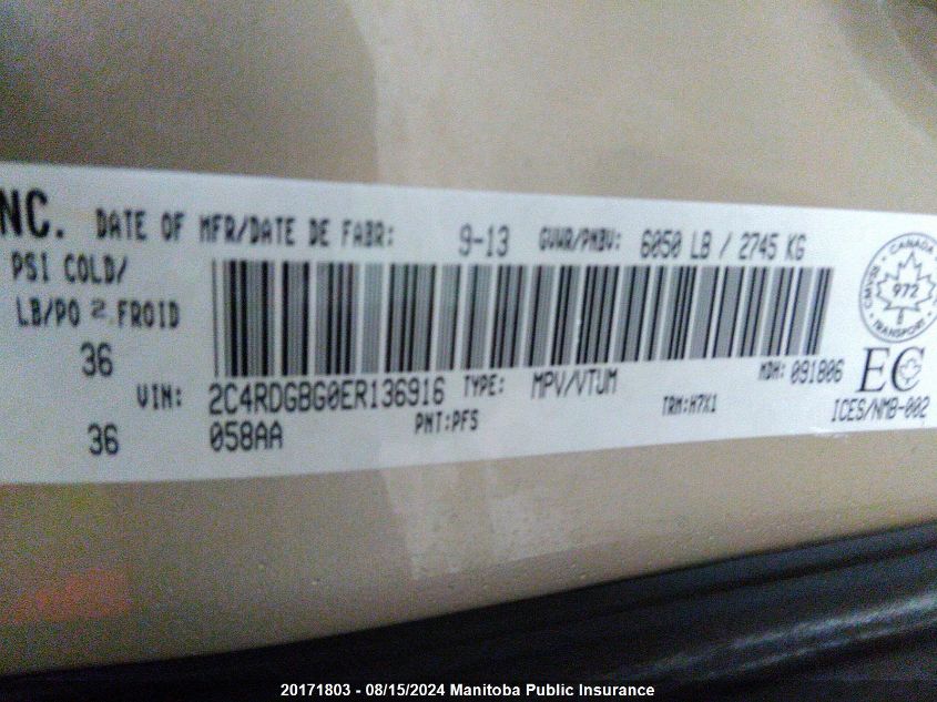 2014 Dodge Grand Caravan Se VIN: 2C4RDGBG0ER136916 Lot: 20171803