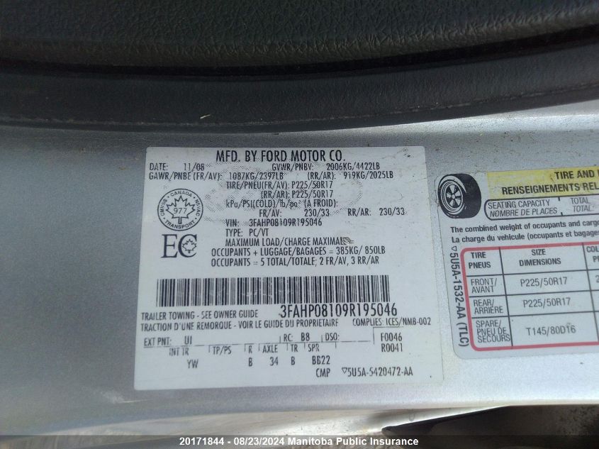 2009 Ford Fusion Sel V6 VIN: 3FAHP08109R195046 Lot: 20171844