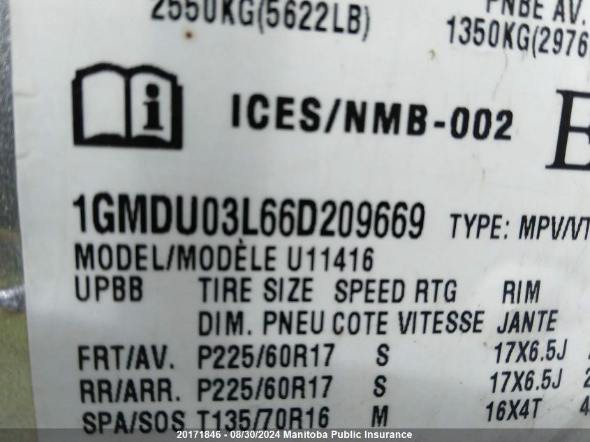 2006 Pontiac Montana Sv6 Sv6 VIN: 1GMDU03L66D209669 Lot: 20171846