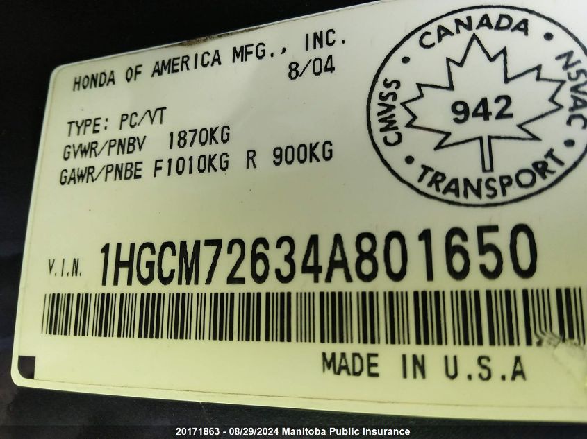 2004 Honda Accord Ex-L VIN: 1HGCM72634A801650 Lot: 20171863