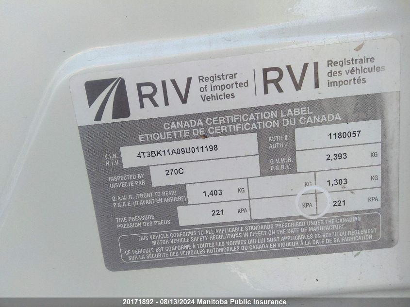 2009 Toyota Venza V6 VIN: 4T3BK11A09U011198 Lot: 20171892