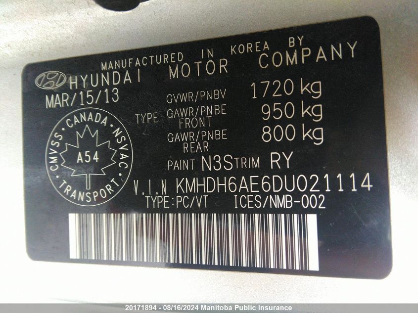 2013 Hyundai Elantra Gls VIN: KMHDH6AE6DU021114 Lot: 20171894