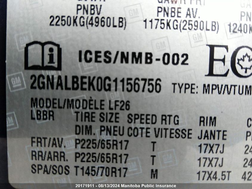 2016 Chevrolet Equinox Ls VIN: 2GNALBEK0G1156756 Lot: 20171911