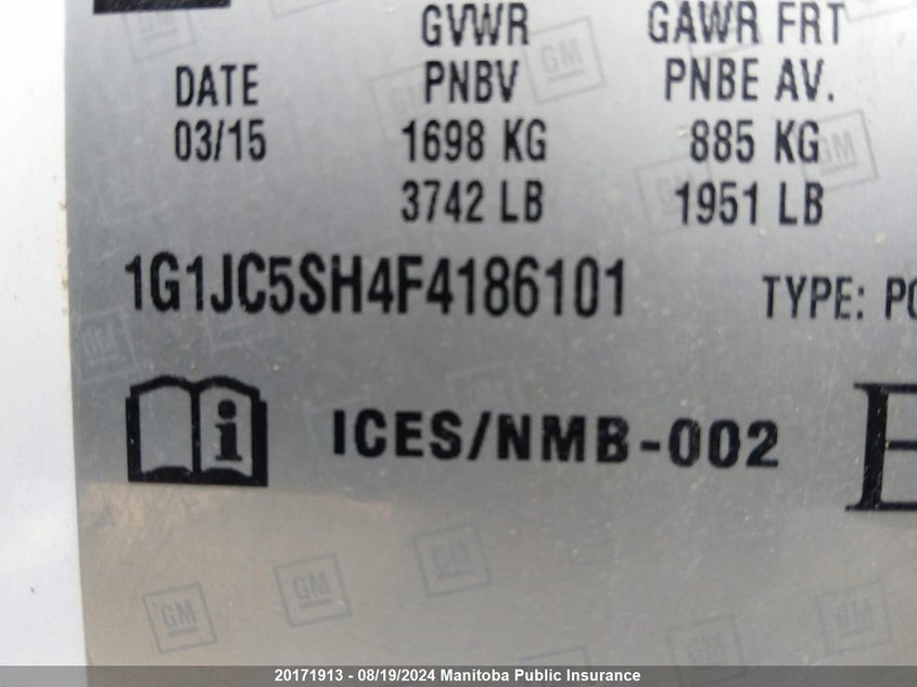 2015 Chevrolet Sonic Lt VIN: 1G1JC5SH4F4186101 Lot: 20171913