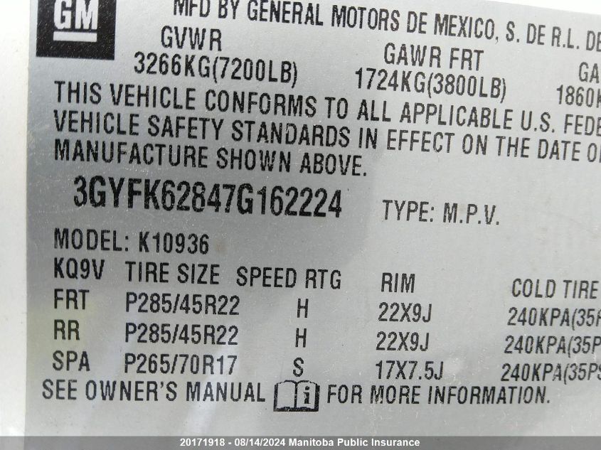 2007 Cadillac Escalade Ext VIN: 3GYFK62847G162224 Lot: 20171918