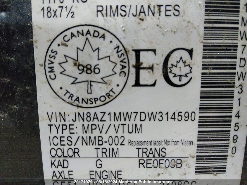 2013 Nissan Murano Sl VIN: JN8AZ1MW7DW314590 Lot: 20171929