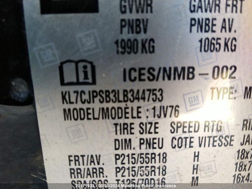 2020 Chevrolet Trax Lt VIN: KL7CJPSB3LB344753 Lot: 20171933