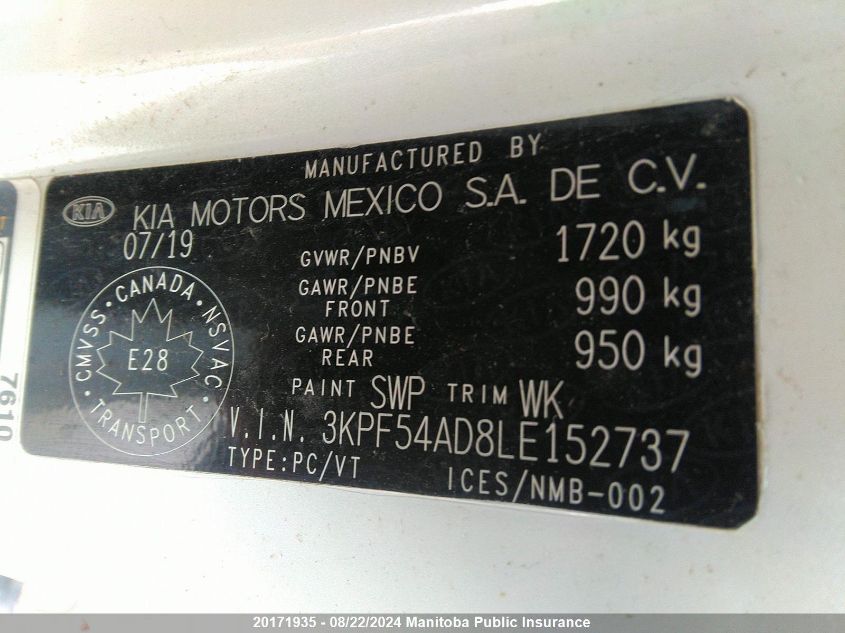 2020 Kia Forte Ex VIN: 3KPF54AD8LE152737 Lot: 20171935