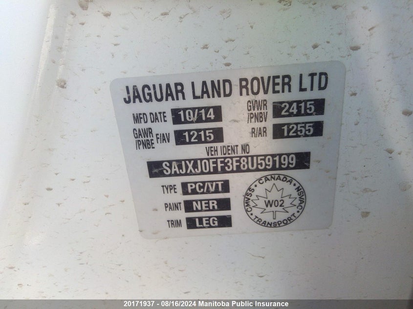 2015 Jaguar Xf 3.0 VIN: SAJXJ0FF3F8U59199 Lot: 20171937