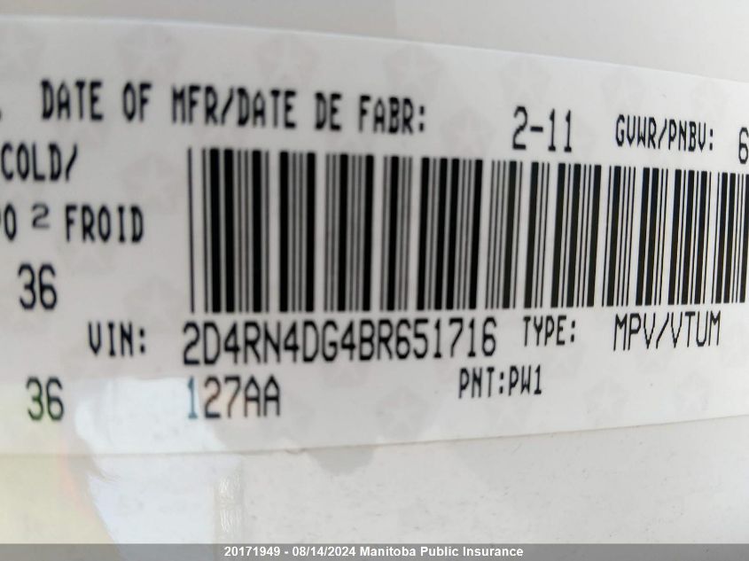 2011 Dodge Grand Caravan Sxt VIN: 2D4RN4DG4BR651716 Lot: 20171949