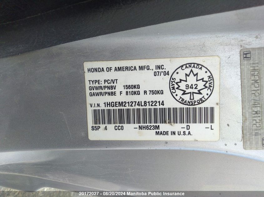 2004 Honda Civic Dx VIN: 1HGEM21274L812214 Lot: 20172027