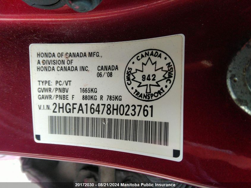 2008 Honda Civic Dx-G VIN: 2HGFA16478H023761 Lot: 20172030