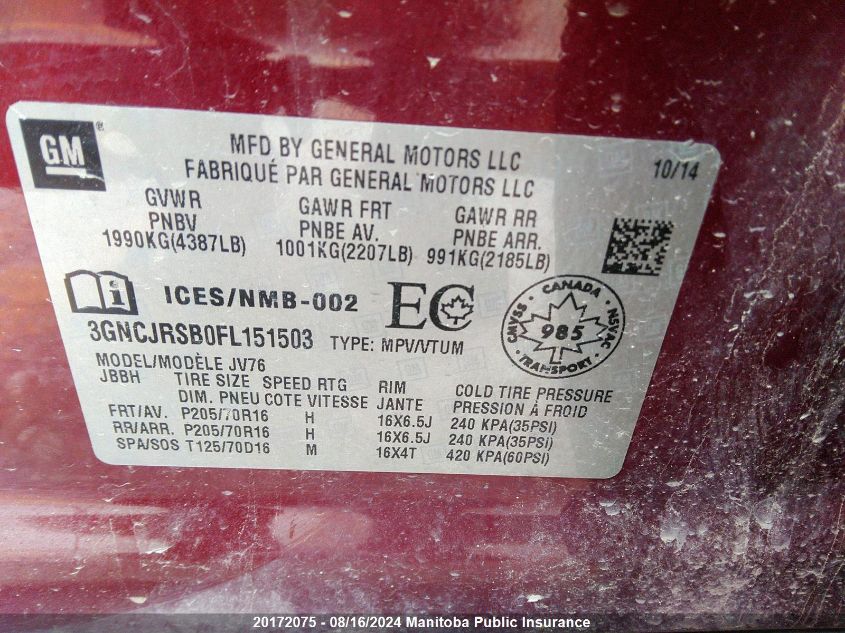 2015 Chevrolet Trax Lt VIN: 3GNCJRSB0FL151503 Lot: 20172075