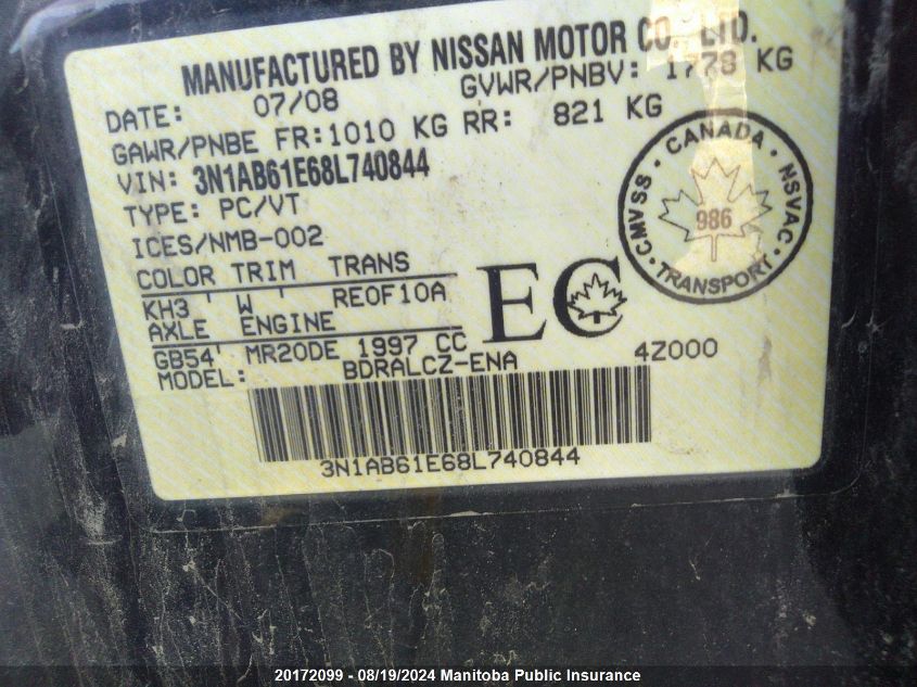 2008 Nissan Sentra 2.0 VIN: 3N1AB61E68L740844 Lot: 20172099