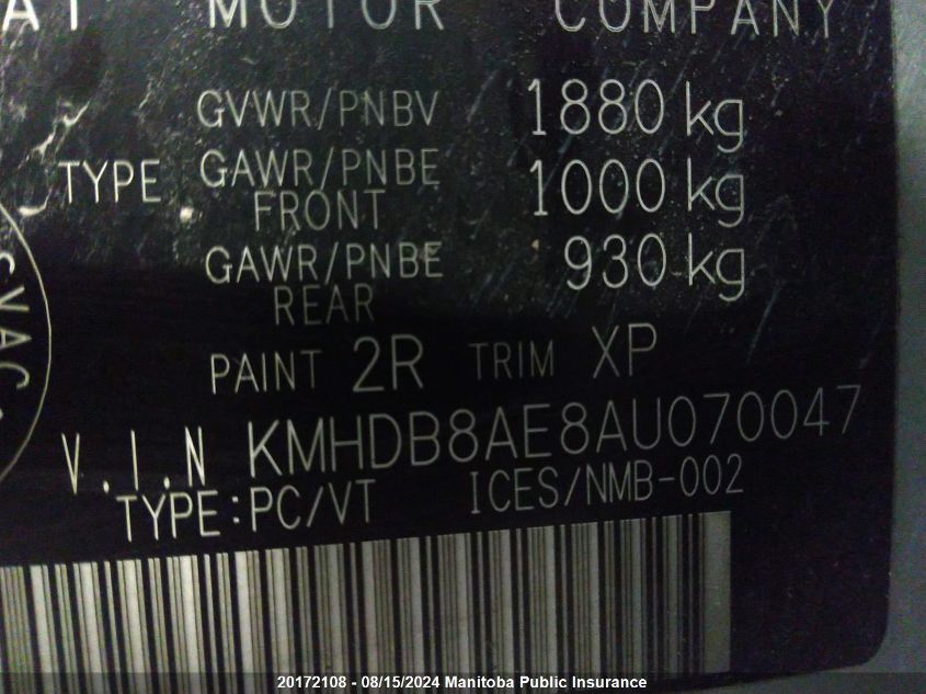 2010 Hyundai Elantra Touring Gls VIN: KMHDB8AE8AU070047 Lot: 20172108