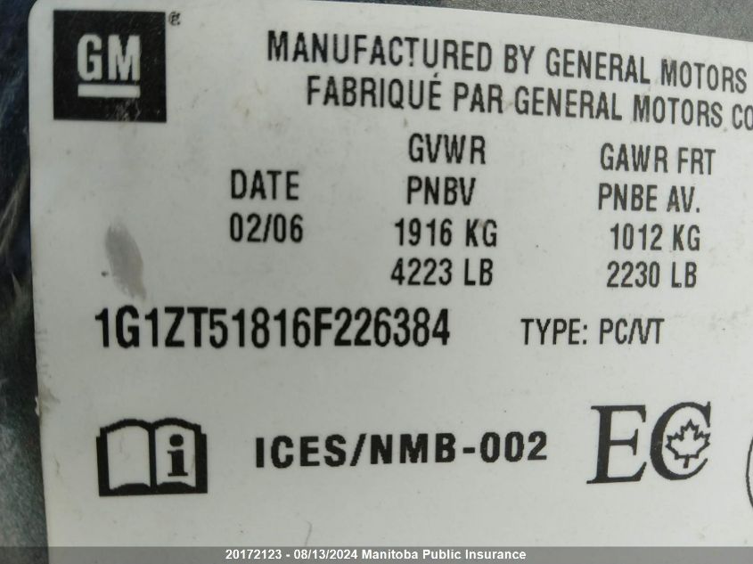 2006 Chevrolet Malibu Lt V6 VIN: 1G1ZT51816F226384 Lot: 20172123