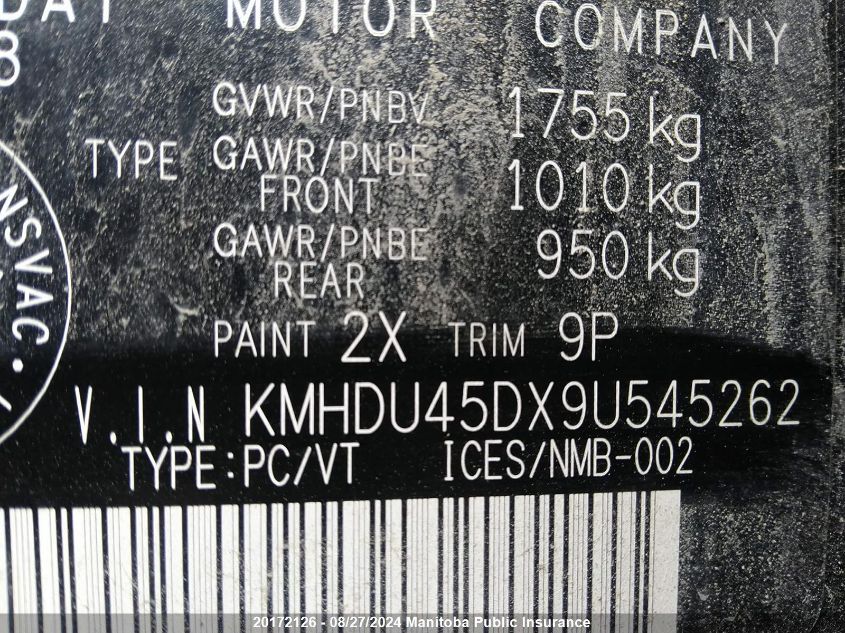 2009 Hyundai Elantra Gls VIN: KMHDU45DX9U545262 Lot: 20172126