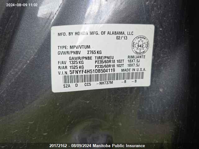 2013 Honda Pilot Ex-L VIN: 5FNYF4H51DB504119 Lot: 20172162