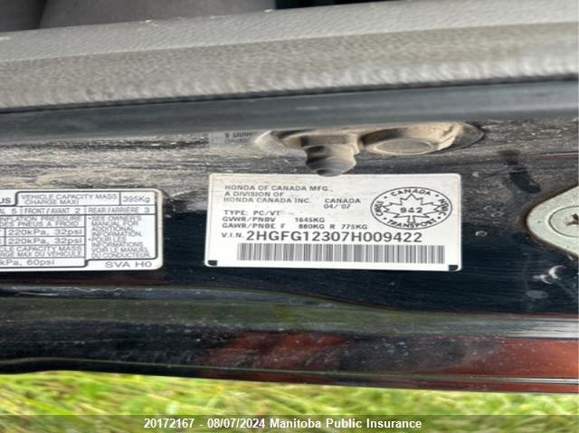 2007 Honda Civic Dx-G VIN: 2HGFG12307H009422 Lot: 20172167
