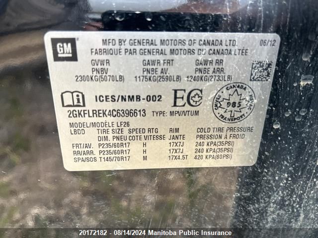 2012 GMC Terrain Sle VIN: 2GKFLREK4C6396613 Lot: 20172182