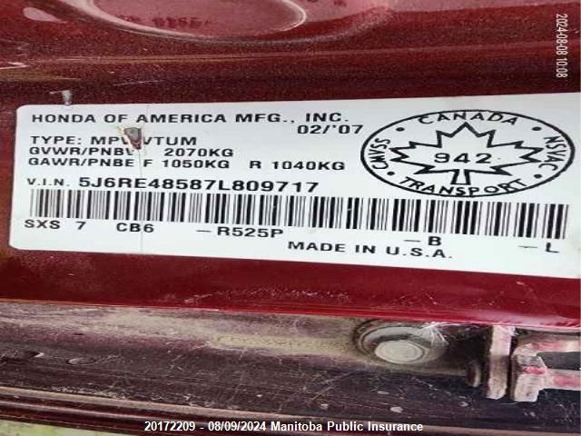 2007 Honda Cr-V Ex VIN: 5J6RE48587L809717 Lot: 20172209