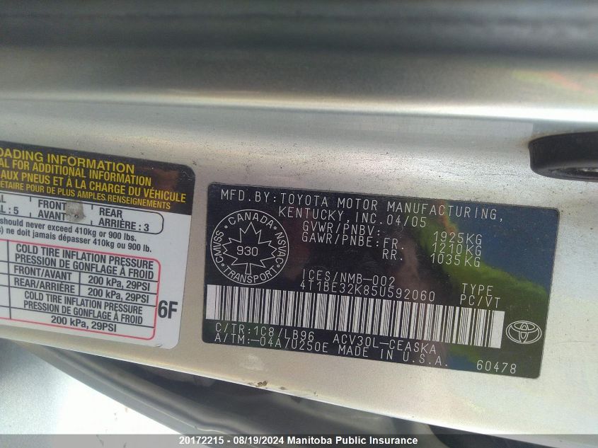 2005 Toyota Camry Se VIN: 4T1BE32K85U592060 Lot: 20172215