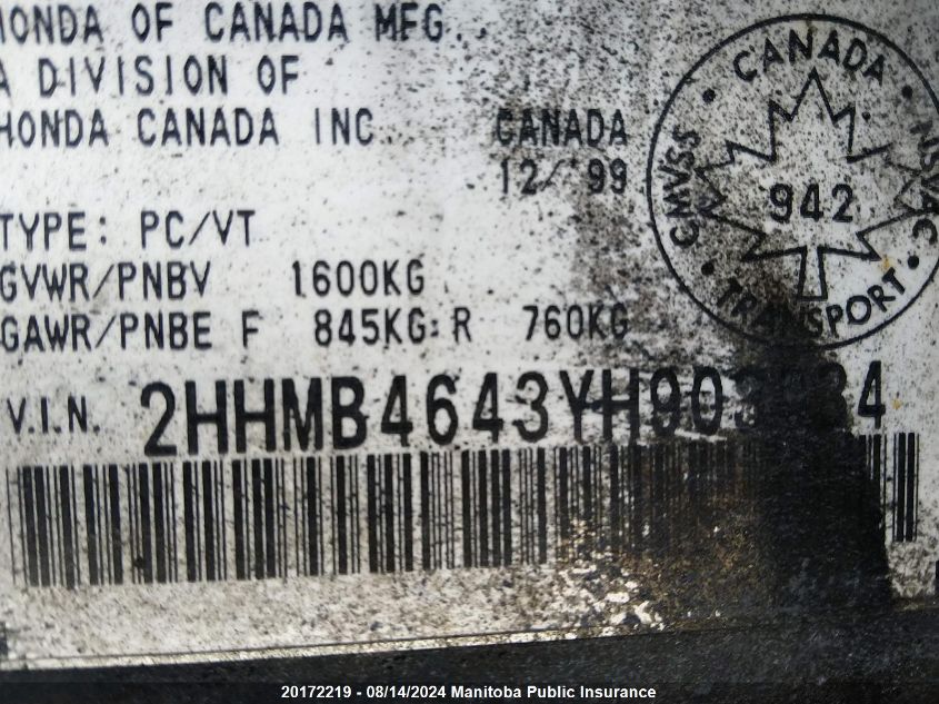 2000 Acura 1.6 El VIN: 2HHMB4643YH903034 Lot: 20172219