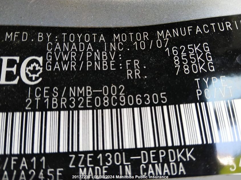 2008 Toyota Corolla Ce VIN: 2T1BR32E08C906305 Lot: 20172238