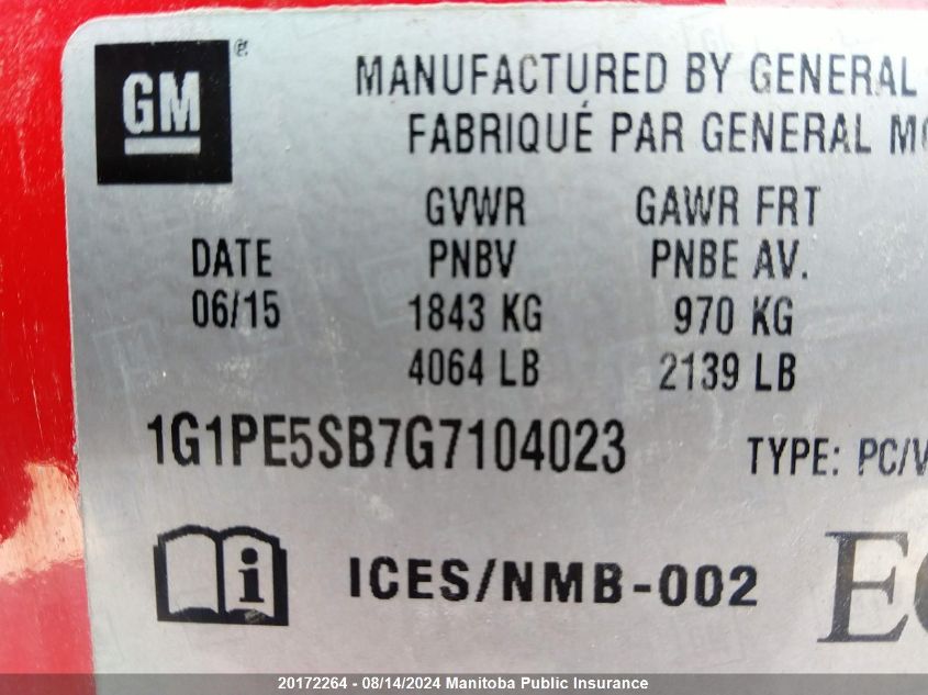 2016 Chevrolet Cruze Lt Turbo VIN: 1G1PE5SB7G7104023 Lot: 20172264