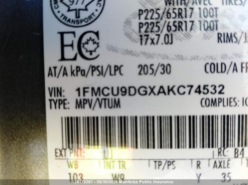 2010 Ford Escape Xlt V6 VIN: 1FMCU9DGXAKC74532 Lot: 20172287