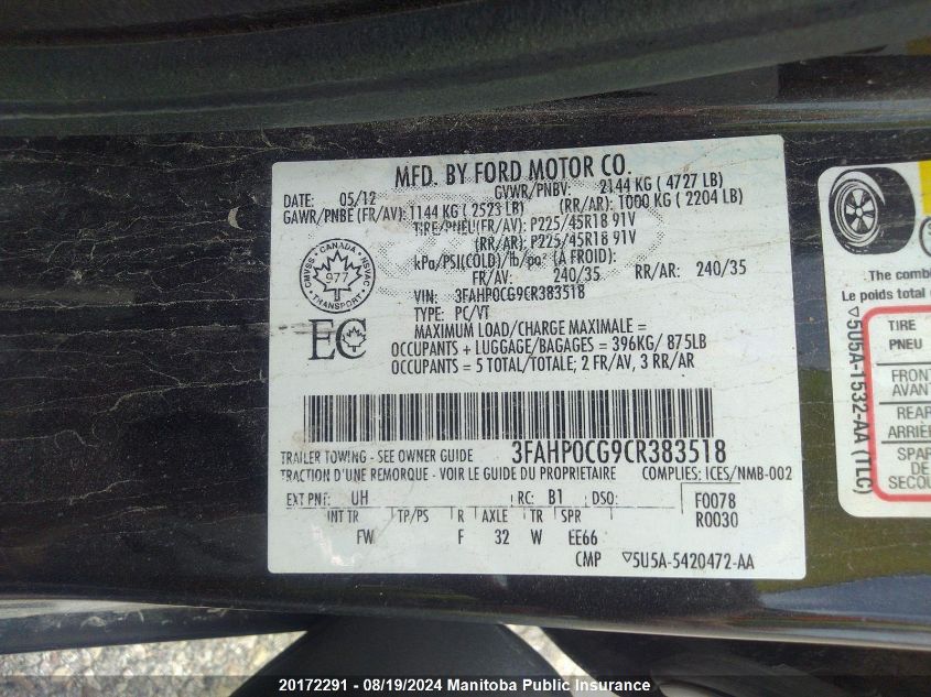 2012 Ford Fusion Sel V6 VIN: 3FAHP0CG9CR383518 Lot: 20172291