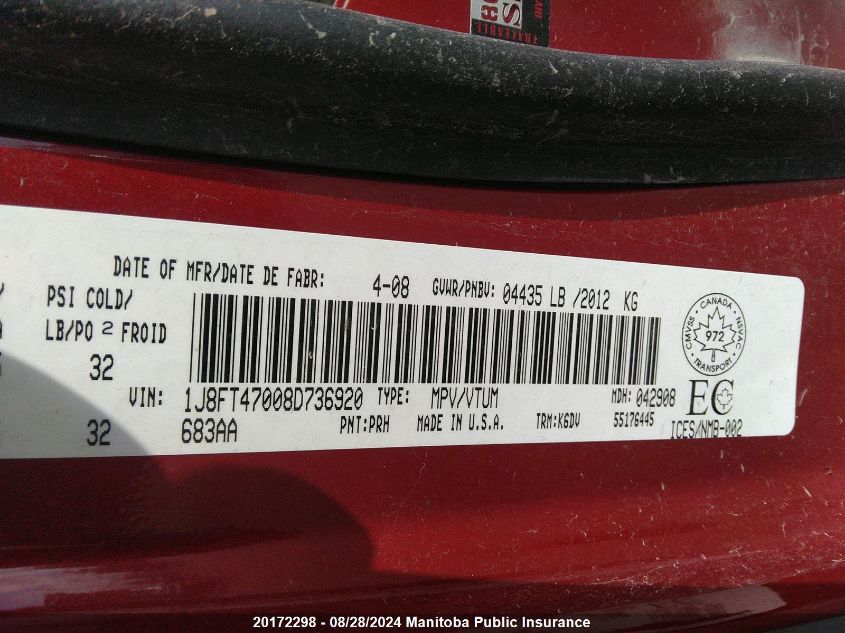 2008 Jeep Compass North VIN: 1J8FT47008D736920 Lot: 20172298