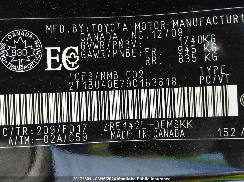 2009 Toyota Corolla S VIN: 2T1BU40E79C163618 Lot: 20172301