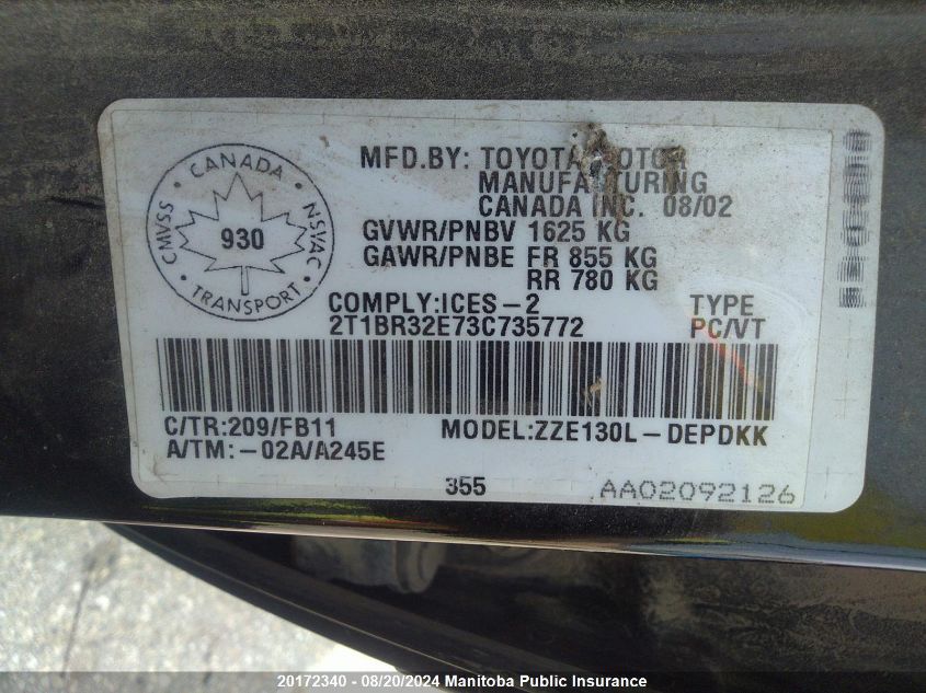 2003 Toyota Corolla Ce VIN: 2T1BR32E73C735772 Lot: 20172340